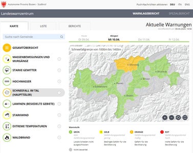 Bevorstehender Schneefälle im Tal: Im Warnlagebericht wird die Warnstufe in der Gegend um Sterzing und den Brenner auf Orange angehoben. sie gilt ab heute (9. April) bis morgen Mittag. (Quelle: Warnlagebericht des Landeswarnzentrums)