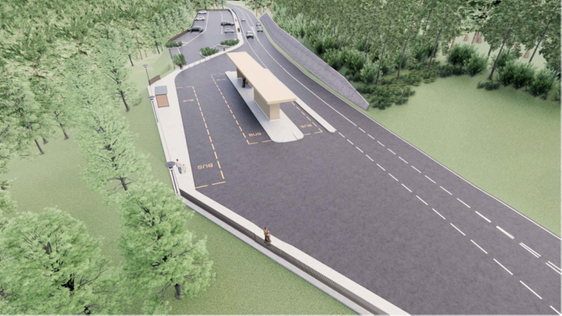 Der neue Busbahnhof in Birchabruck soll ein kleiner Mobilitätshub werden, der den Umstieg von einem Verkehrsmittel aufs andere erleichtert. (Rendering: LPA/Baucon, Simon Neulichedl)