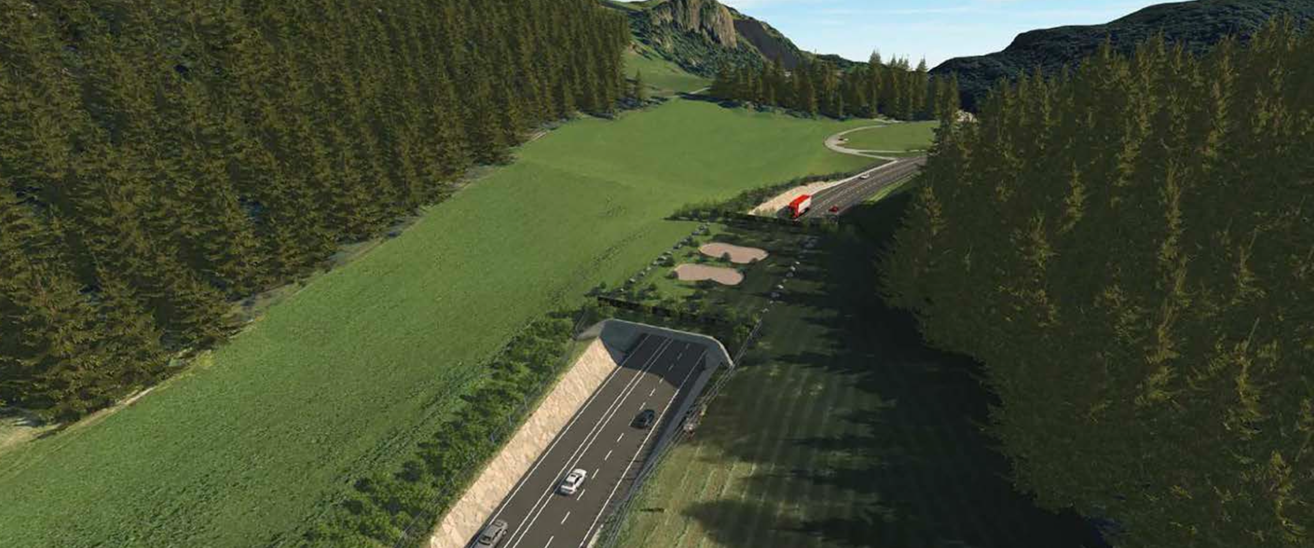 Über das AOV-Vergabeportal schreibt das Land die Arbeiten für die Anpassung des Straßenverlaufs sowie den Bau einer neuen Grünbrücke (im Bild) am Kniepass in der Gemeinde St. Lorenzen aus. (Rendering: LPA/Ressort Infrastrukturen und Mobilität)