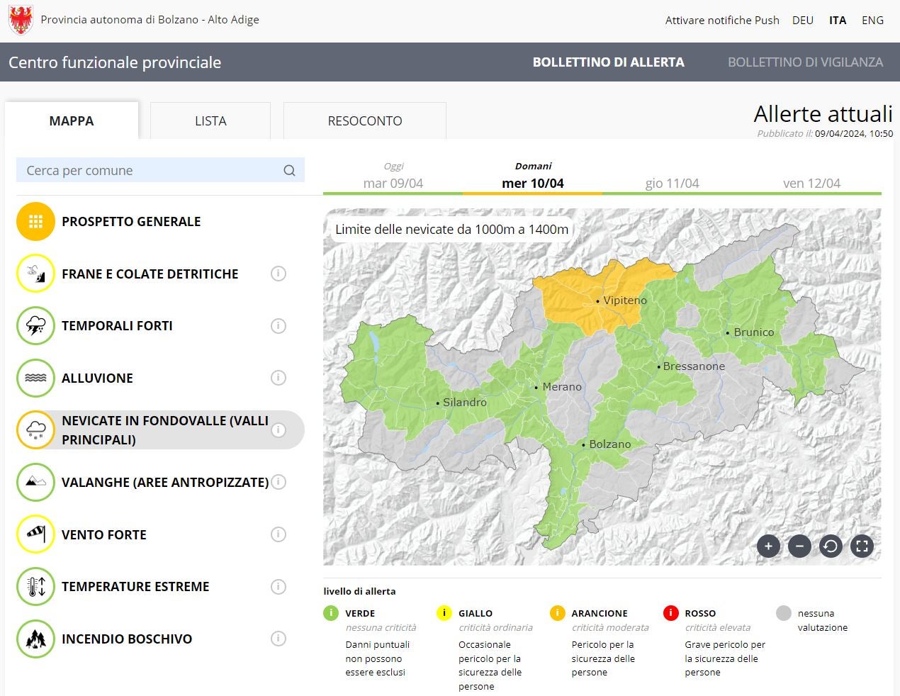 Questa notte sono previste in Alto Adige forti precipitazioni, il limite della neve scenderà a 1000 metri. L'Agenzia per la Protezione civile invita alla massima prudenza sulle strade. Nell'immagine il report stilato dal Centro funzionale provinciale. (Foto: ASP/Centro funzionale provinciale)
