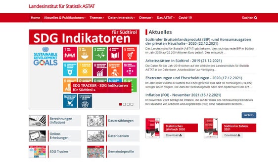 Nachhaltigkeit und Bevölkerung sind Bereiche, auf die das ASTAT 2022 einen besonderen Blick richten wird. Im Bild die Webseite des Landesstatistikinstituts 