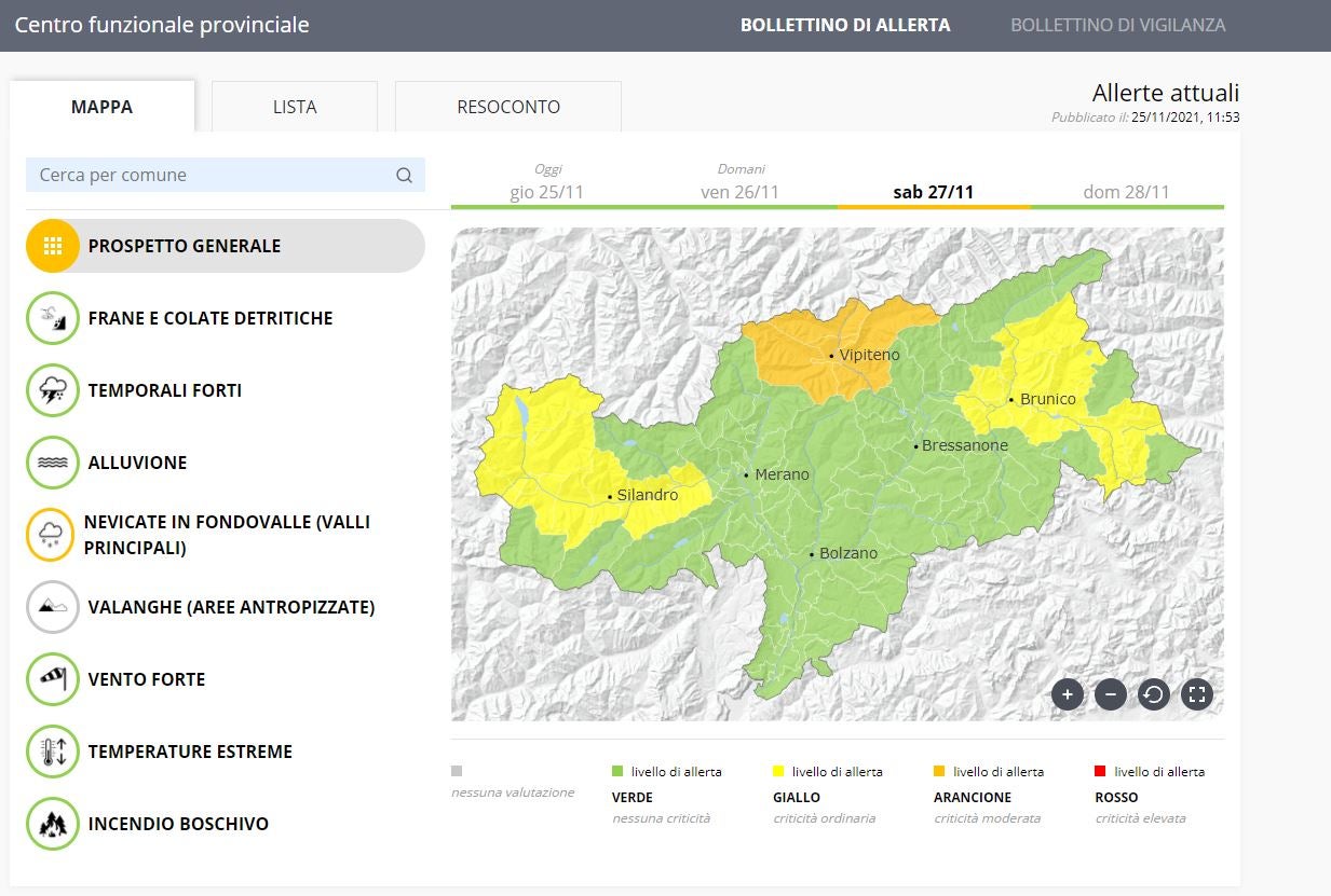 La valutazione della situazione meteo e dei possibili livelli di criticità in vista del maltempo è avvenuta per la prima volta in base al Bollettino di allerta aggiornato giornalmente e pubblicato sul nuovo&nbsp;Portale di allerta provinciale.&nbsp;(Foto: ASP/Protezione civile)