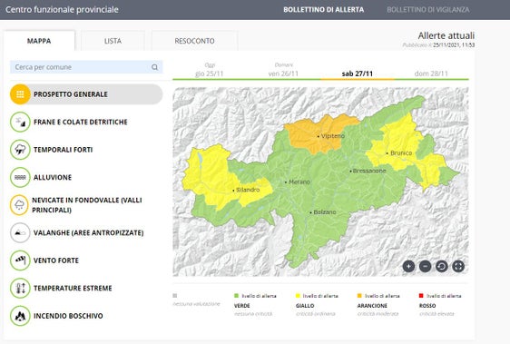 La valutazione della situazione meteo e dei possibili livelli di criticità in vista del maltempo è avvenuta per la prima volta in base al Bollettino di allerta aggiornato giornalmente e pubblicato sul nuovo&nbsp;Portale di allerta provinciale.&nbsp;(Foto: ASP/Protezione civile)