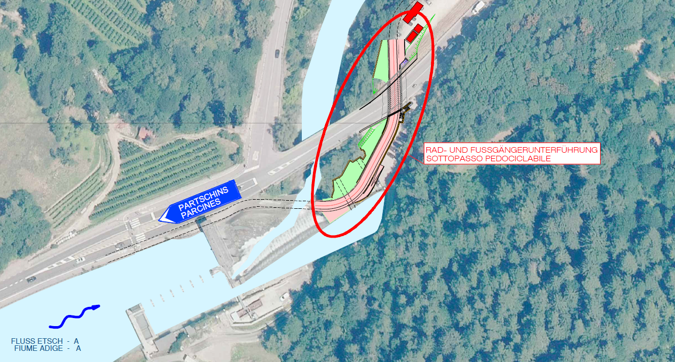 Anfang November starten die Arbeiten für eine neue Rad- und Fußgängerunterführung an der Vinschger Staatsstraße bei der Töll in der Gemeinde Partschins. (Skizze: Landesabteilung Tiefbau)