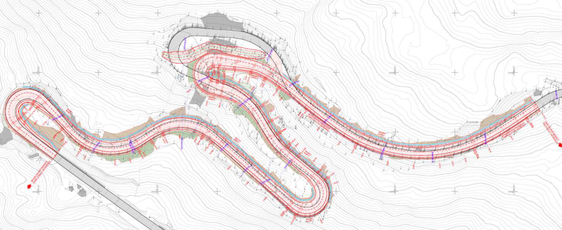 In rosso, il nuovo tracciato della strada per il Passo di Valparola con il vicino muro di protezione. (Foto: Ripartizione Infrastrutture)