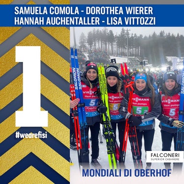 Staffel-Gold für Italien bei der Biathlon-Weltmeisterschaft mit zwei Südtirolerinnen: (v.l.) Lisa Vittozzi, Hannah Auchentaller, Dorothea Wierer und Samuela Comola (Foto: FISI Federazione Italiana Sport Invernali)
