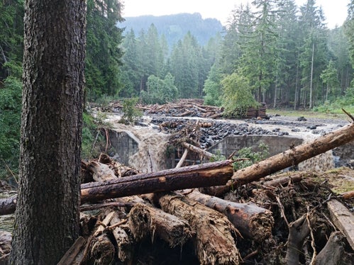 La foto scattata oggi mostra il deposito di materiale nel bacino di ritenzione del torrente Frötschbach all'entrata del paese di Siusi (foto: vigili del fuoco volontari).