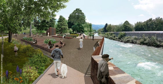 So werden die Rappanlagen in Brixen nach der Aufweitung des Flusses unterhalb der Adlerbrücke aussehen: gut sichtbar der auskragende Gehsteig und die Terrasse im Zentrum. (Rendering: Landesamt für Wildbach- und Lawinenverbauung Nord)