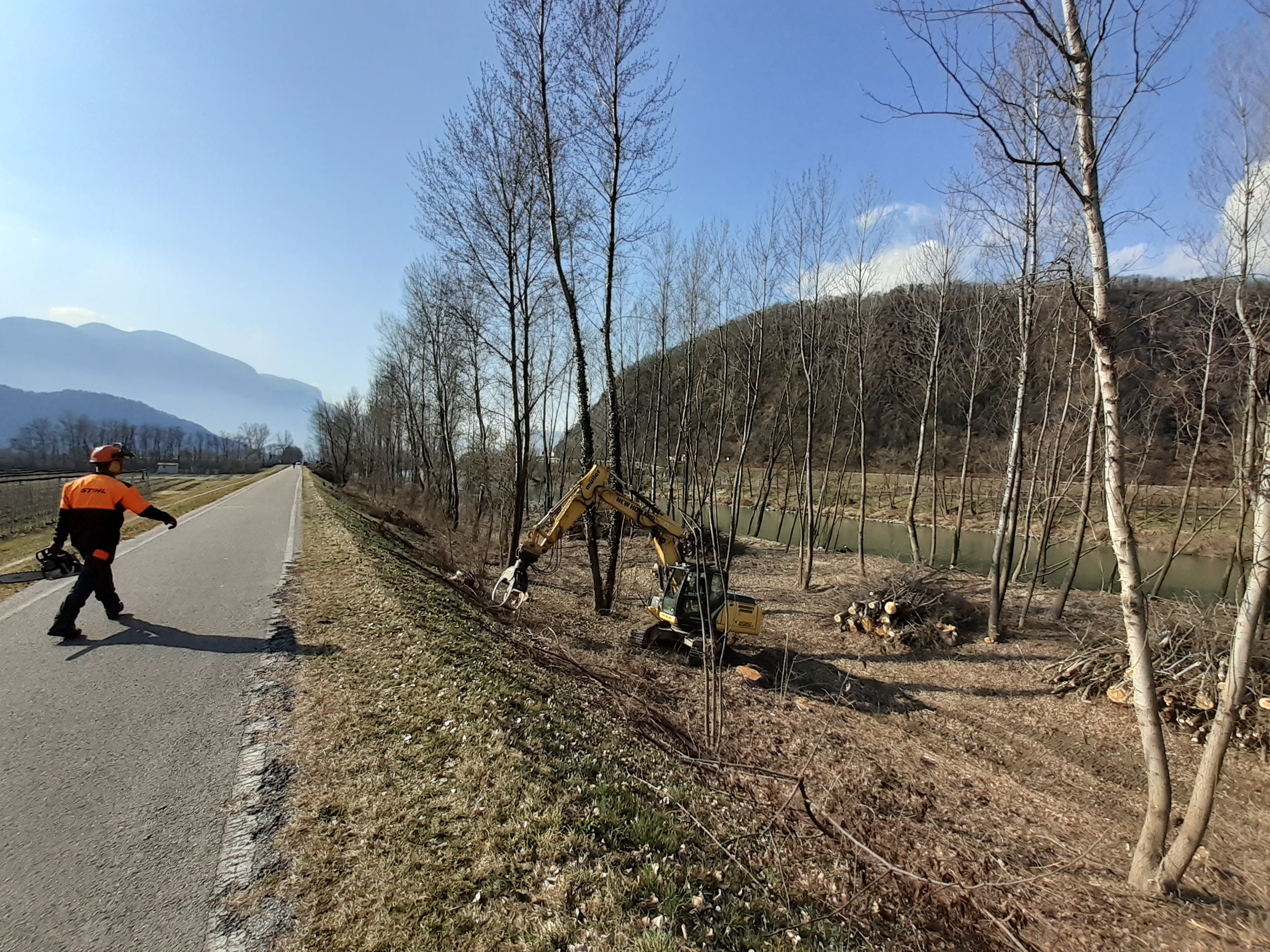 Die Arbeiten an der uferbegleitenden Vegetation entlang der Etsch zwischen Meran und Salurn beginnen in den Tagen nach dem 14. Februar (Aufnahme aus dem Vorjahr). (Foto: LPA/Landesamt für Wildbach- und Lawinenverbauung Süd)