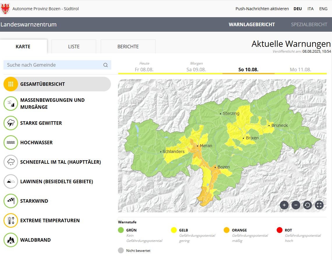 In den Talsohlen im Raum Bozen, im Etschtal und im Unterland&nbsp;werden am Sonntag, 10. August, Temperaturen über 37 Grad erwartet, im Warnlagebericht wird deshalb die zweithöchste Stufe Orange ausgewiesen. (Screenshot Warnlagebericht des Landeswarnzentrums in der Agentur für Bevölkerungsschutz)