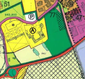 Die neue öffentliche Grünfläche (grüne Fläche auf der Karte) im Süd-Osten des Deutschhauses (gelb) von Sterzing&nbsp;kann um rund 7900 Quadratmeter erweitert werden. (Foto: LPA/Amt für Gemeindeplanung)