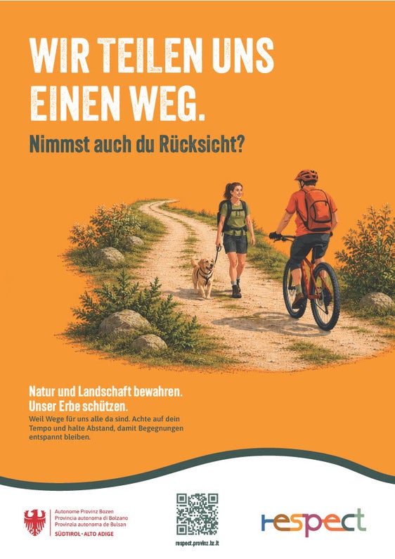 Ein respektvolles Miteinander ist auch in Südtirols Natur- und Schutzgebieten wichtig. Die neue Kampage des Landes Südtirols weist Bürgerinnen und Bürger sowie Touristinnen und Touristen darauf hin. (Quelle: Amt für Natur)