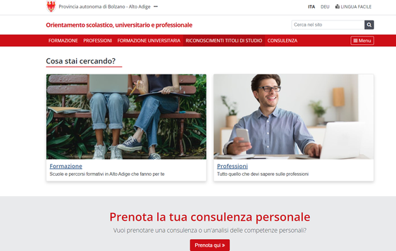 La homepage del nuovo sito web del Servizio di formazione, studio e orientamento professionale della Provincia di Bolzano. (Foto: ASP)