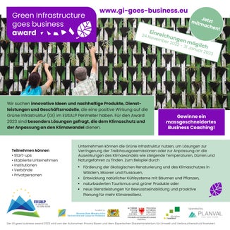 Die Eusalp zeichnet 2023 zum zweiten Mal grüne wirtschaftliche Infrastrukturprojekte aus. Um den Green Infrastructure Goes Business Award kann man sich bis 31. Jänner bewerben.
