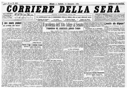 Die Südtirolfrage auf der Titelseite des Corriere della sera vom 10. Dezember 1921 (Foto: Euregio)