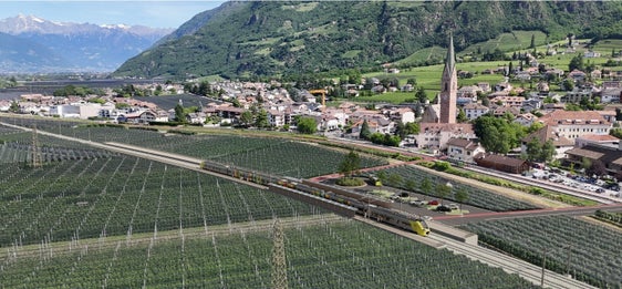 Rendering der Variante Terlan für den Ausbau der Bahnlinie Bozen-Meran. Das Rendering zeigt einen möglichen Verlauf in der Dorfnähe von Terlan. (Rendering: LPA/Ressort für Infrastrukturen und Mobilität).