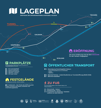 Eröffnung der neuen Umfahrung Kastelbell-Galsaun am 6. Juni: Die Feier kann mit den öffentlichen Verkehrsmitteln, mit dem Rad, zu Fuß oder mit dem Auto  erreicht werden. (Foto: LPA/Ressort Infrastrukturen und Mobilität)