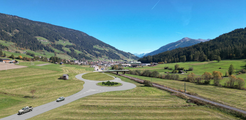 Das Rendering zeigt das Projekt zur Umgestaltung der Kreuzung der Staatsstraße Pustertal SS 49 mit der SS 52 nach Sexten sowie zur Beseitigung des Bahnübergangs. (Foto: Ressort für Infrastruktur und Mobilität)