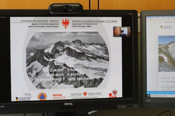 Bewusstseinsbildung: Mit der Ausstellung Goodbye Glaciers wurden über 20.000 Besucherinnen und Besucher erreicht, die sich über Vergangenheit, Gegenwart und Zukunft der Gletscher informierten; im Bild eine Momentaufnahme der heutigen Videokonferenz. (Foto: Agentur für Bevölkerungsschutz/Maja Clara)