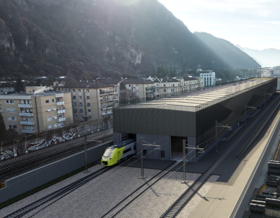 Auf dem Foto ist das Rendering des neuen Zugwartungszentrums in Bozen Süd zu sehen. Die technischen Merkmale sowie die entsprechenden Ausgaben von der Landesregierung wurden am 8. Mai genehmigt. Das Bauwerk wird südlich des Bahnhofs Bozen errichtet, an einer strategischen Position für das gesamte Eisenbahnsystem des Landes. (Quelle: LPA/ Ressort Infrastrukturen und Mobilität)