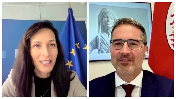 Screenshot des heutigen Online-Treffens von LH Kompatscher mit EU-Kommissarin Gabriel 