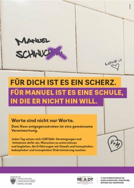 Das Plakat anlässlich des 17. Mai, dem Internationalen Tag gegen Homo-, Lesbo-, Bi- und Transphobie, in deutscher Sprache. (Quelle: Land Südtirol)