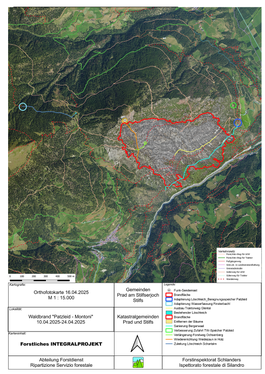 Il progetto integrale elaborato dal Servizio forestale provinciale in accordo con i proprietari terrieri e i Comuni dopo l'incendio boschivo a Prato e Stelvio (Fonte: Ispettorato forestale di Silandro)
