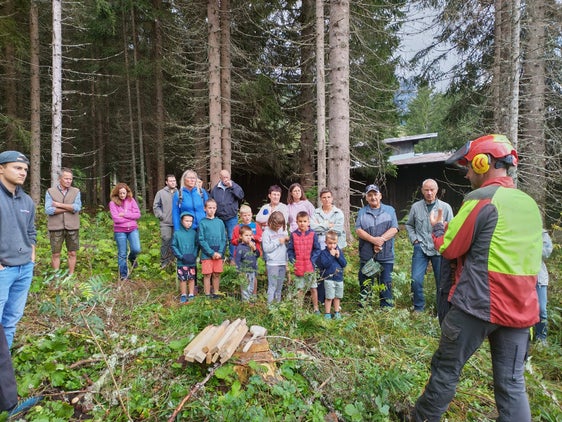 Spannend war es für die Besucherinnen und Besucher, zuzusehen, wie ein Baum gefällt wird: Das ist keine willkürliche Sache, sondern wird genau geplant, damit die Risiken minimiert werden. (Foto: LPA/Forstschule Latemar)