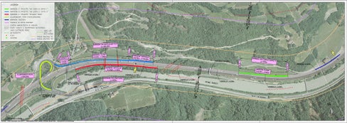 Ortophoto-Aufnahme mit den drei geplanten Lärmschutzwänden entlang der Brennerautobahn (A22) bei Bozen Nord und etwas nördlich davon. (Foto: LPA/Brennerautobahn AG)