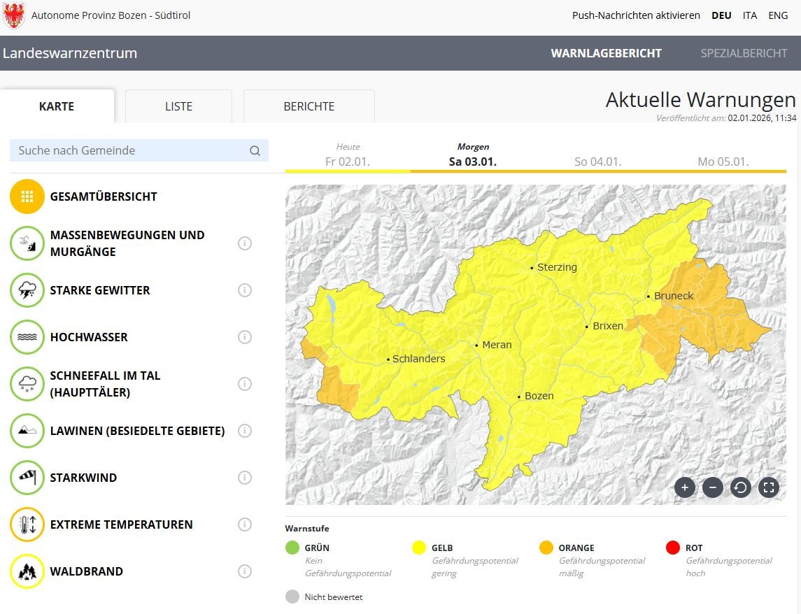 In höhergelegenen Tälern, vor allem in schneebedeckten Lagen wird es in den kommenden Nächten sehr kalt, die Temperaturen sinken auf unter minus 15 Grad, auch im übrigen Landesgebiet wird es sehr kalt, überall werden Tiefsttemperaturen zwischen minus 8 Grad und minus 16 Grad Celsius erwartet. Im Warnlagebericht des Landeswarnzentrums in der Agentur für Bevölkerungsschutz scheint deshalb für die kommenden drei Tage Warnstufe Gelb und Warnstufe Orange im Hinblick auf extreme Temperaturen auf. (Foto: LPA/Quelle: Warnlagebericht des Landeswarnzentrums in der Agentur für Bevölkerungsschutz)