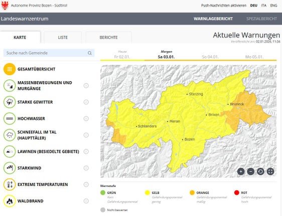 In höhergelegenen Tälern, vor allem in schneebedeckten Lagen wird es in den kommenden Nächten sehr kalt, die Temperaturen sinken auf unter minus 15 Grad, auch im übrigen Landesgebiet wird es sehr kalt, überall werden Tiefsttemperaturen zwischen minus 8 Grad und minus 16 Grad Celsius erwartet. Im Warnlagebericht des Landeswarnzentrums in der Agentur für Bevölkerungsschutz scheint deshalb für die kommenden drei Tage Warnstufe Gelb und Warnstufe Orange im Hinblick auf extreme Temperaturen auf. (Foto: LPA/Quelle: Warnlagebericht des Landeswarnzentrums in der Agentur für Bevölkerungsschutz)