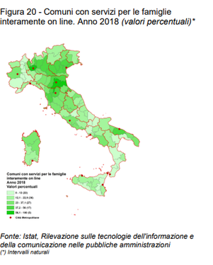 L’indicatore “Comuni con servizi per le famiglie interamente on line” nella provincia di Bolzano si attesta ad un valore percentuale tra il 23 e il 37,1%. (Foto: ISTAT)