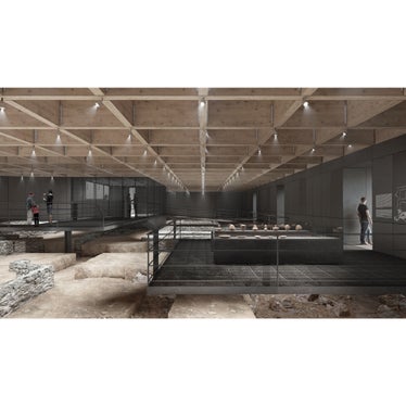 L'obiettivo della struttura museale è proteggere il sito di scavo dagli agenti atmosferici, renderlo il più possibile accessibile ai visitatori e trasmettere loro la storia del sito. (Foto: Architetto Tommaso Rossi Fioravanti, Arch. Elias Terzitta, Arch. Eugenia Bordini, Firenze)