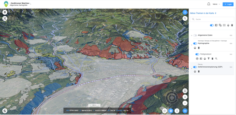 Im Geobrowser MapView ist nun auch eine 3D-Ansicht verfügbar, die zum Beispiel Gefahrenzonen besser einschätzbar macht. (Foto: LPA/Amt für Landesplanung und Kartografie)