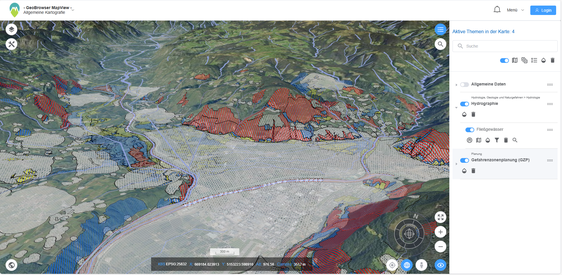 Im Geobrowser MapView ist nun auch eine 3D-Ansicht verfügbar, die zum Beispiel Gefahrenzonen besser einschätzbar macht. (Foto: LPA/Amt für Landesplanung und Kartografie)