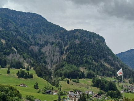 Lavori nel bosco di protezione di Castelrotto per la sicurezza della popolazione: al centro dell'immagine, l'area del bosco di protezione infestata dal bostrico in cui viene attuato il progetto. (Foto: USP/Ispettorato forestale di Bressanone)