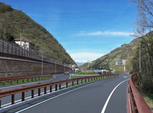 So wird der künftige Kreisverkehr an der Autobahnausfahrt Bozen Nord aussehen (Ansicht von Osten).(Rendering: LPA/Landesamt für Landesplanung)