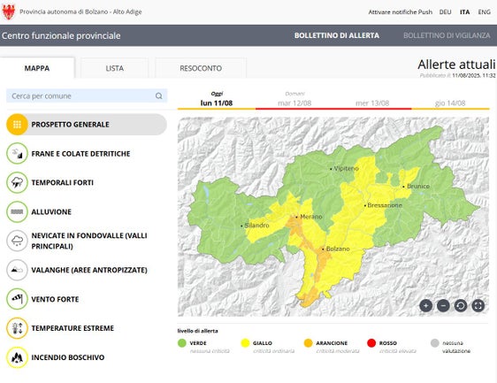 Nella zona di Bolzano, nella Valle dell'Adige e in Bassa Atesina, dove il termometro non scende sotto i 20 gradi nemmeno durante le ore notturne, l'allerta del Centro funzionale provinciale per i prossimi giorni è stato elevato al livello più alto, ovvero rosso. (Grafico: Centro funzionale provinciale)