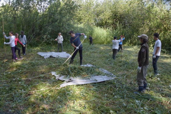 Die Freiwilligen der Aktion Friday for Nature bei der Entfernung des Schnittgutes aus der Feuchtwiese des Biotopes Schgumser Möser. (Foto: Umweltschutzgruppe Vinschgau/Thomas Wilhalm)