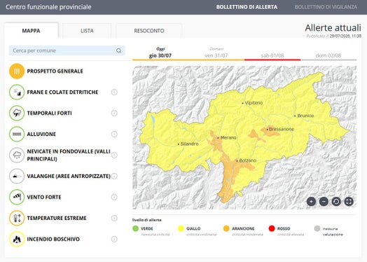 A partire da giovedì 30 luglio, a causa delle temperature estreme, in alcune zone dell’Alto Adige è in vigore l’allerta di livello arancione. (Fonte: Centro funzionale provinciale dell’Agenzia per la Protezione civile)