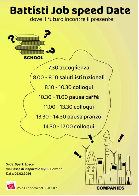 Il Polo Economico Battisti ha organizzato un Job Speed Date che si terrà il 2 febbraio, a partire dalle ore 8.00, nello Spark Space messo a disposizione da Cassa di Risparmio, in via Cassa di Risparmio 16/B a Bolzano. (Foto: USP)