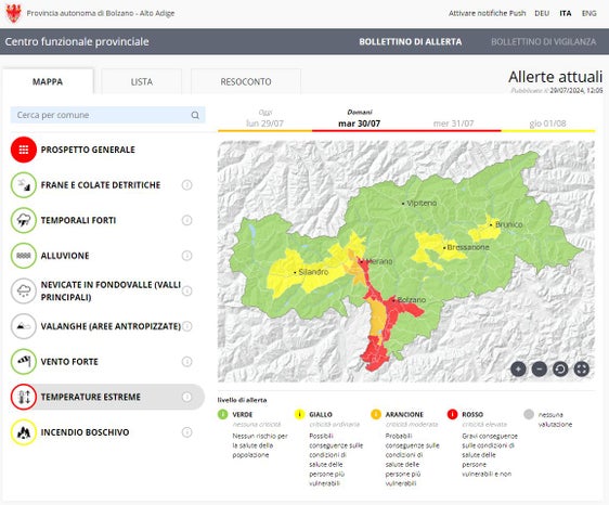 Livello di allerta rosso domani (30 luglio) per le temperature elevate a Bolzano e dintorni fino a Merano dal Bollettino dell'Agenzia per la Protezione civile (Foto: Centro funzionale provinciale)