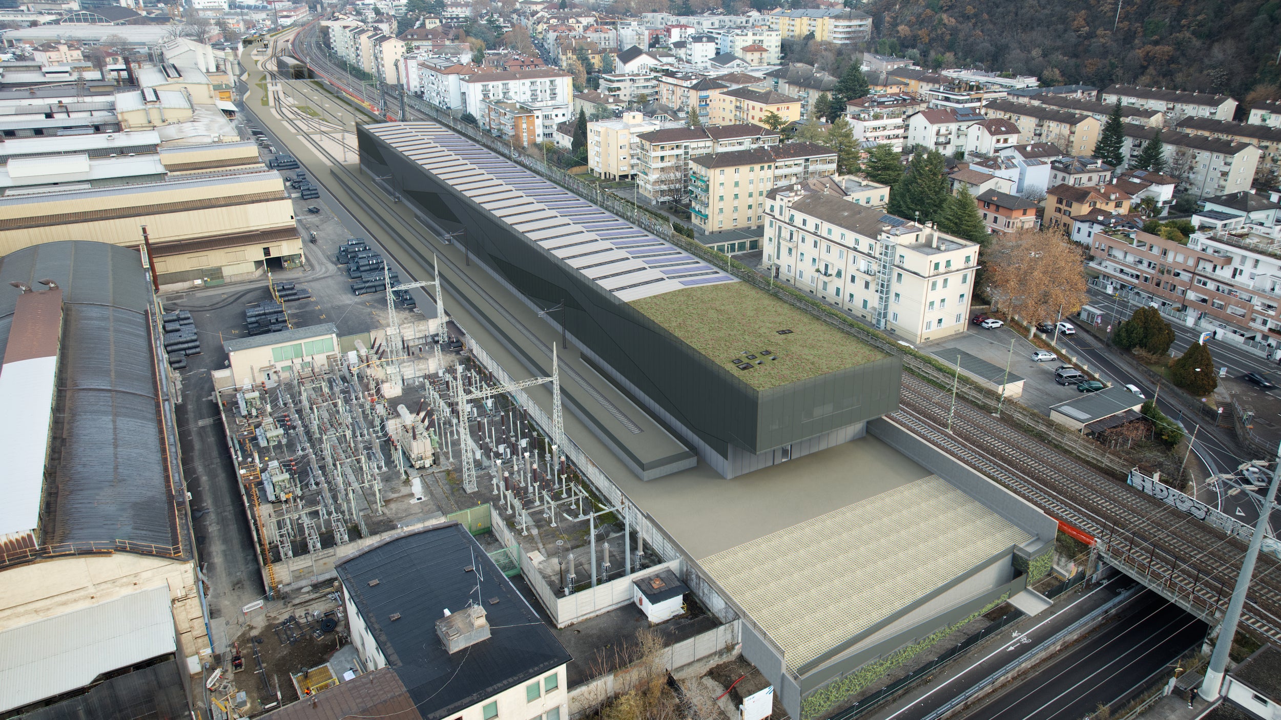 Un secondo rendering del nuovo polo di manutenzione a Bolzano Sud, accanto alla ferrovia e nei pressi del quartiere Oltrisarco. (Fonte immagine: USP/Dipartimento Infrastrutture e Mobilità)