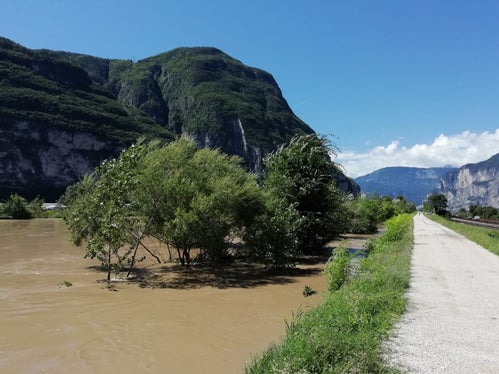 La piena ritratta oggi (5 agosto) lungo il fiume Adige a Salorno (Foto: ASP/Agenzia Protezione civile/Sistemazione bacini montani)