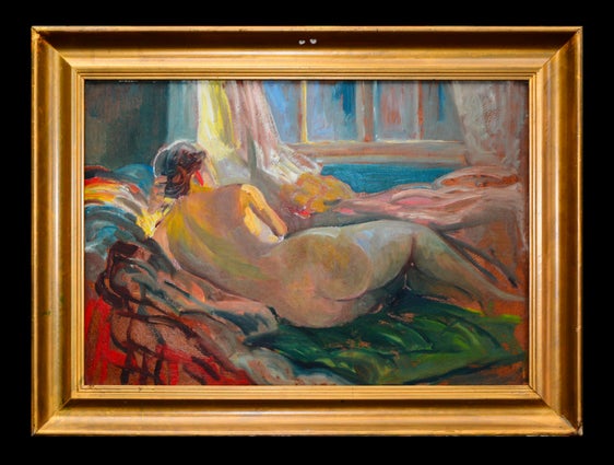 Das Titelbild der digitalen Ausstellung im Online-Katalog der Kulturgüter in Südtirol: Liegender Rückenakt, Georg Greve-Lindau (Foto: Stiftung Navarini Ugarte – Villa Freischütz).