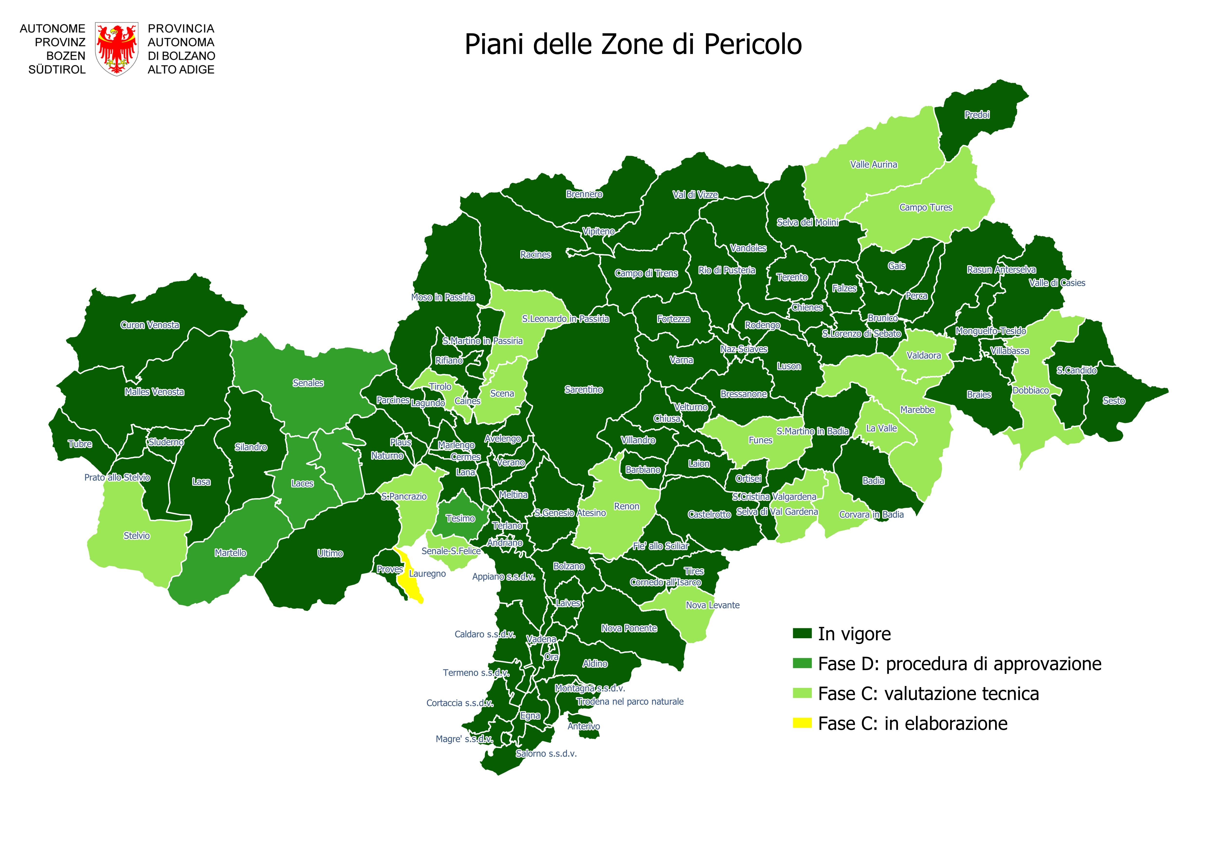 Attualmente, 93 dei 116 Comuni altoatesini, ovvero l'80% dei Comuni, dispongono di un Piano delle zone di pericolo approvato. I restanti 23 Comuni sono in fase di elaborazione, revisione o approvazione. (Fonte: Ufficio Pianificazione comunale)