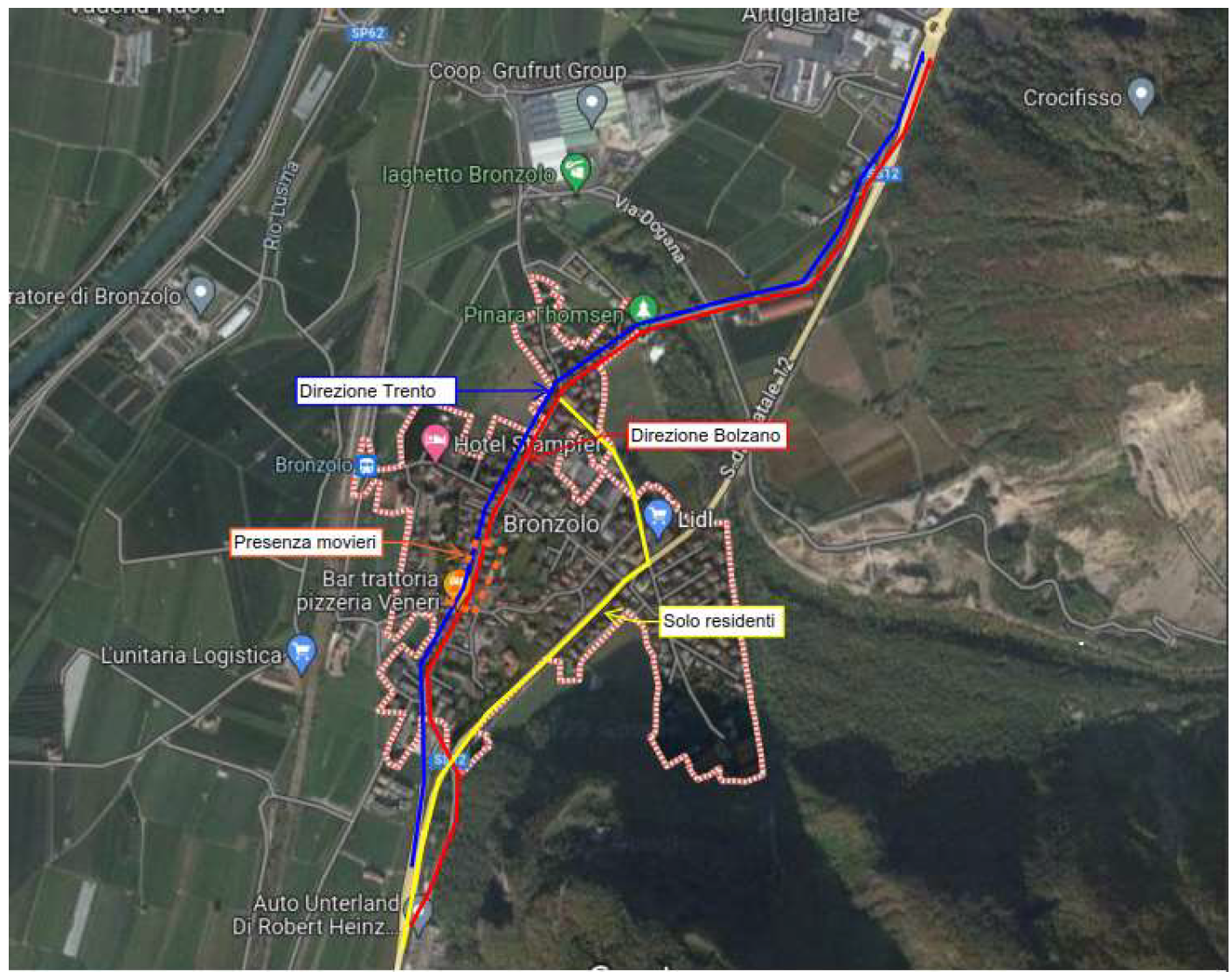 La deviazione locale attraverso il paese di Bronzolo che sarà in vigore da venerdì 21 (ore 19) a sabato 22 luglio (ore 12). (Foto: ASP/Ufficio tecnico strade centro sud)