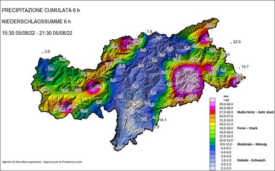 La mappa delle precipitazioni nelle sei ore tra le 15.30 e le 21.30: clamoroso il dato della zona orientale della provincia (Foto: ASP/Agenzia per la Protezione civile)