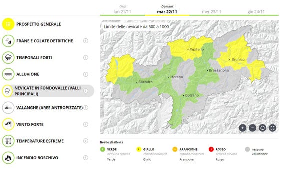 Domani (martedì 22 novembre) in Alto Adige sono previste le prime nevicate in fondovalle. (Foto: Centro funzionale provinciale dell'Agenzia per la protezione civile dell’Alto Adige)
