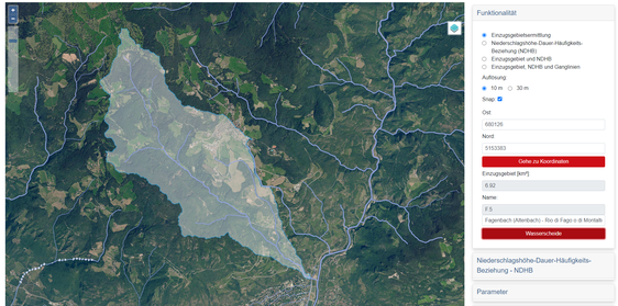 Die Anwendung WebBasin ermöglicht einen Zoom auf die einzelnen Fließgewässer, etwa auf den Fagenbach in Bozen, im Bild als Screenshot festgehalten.